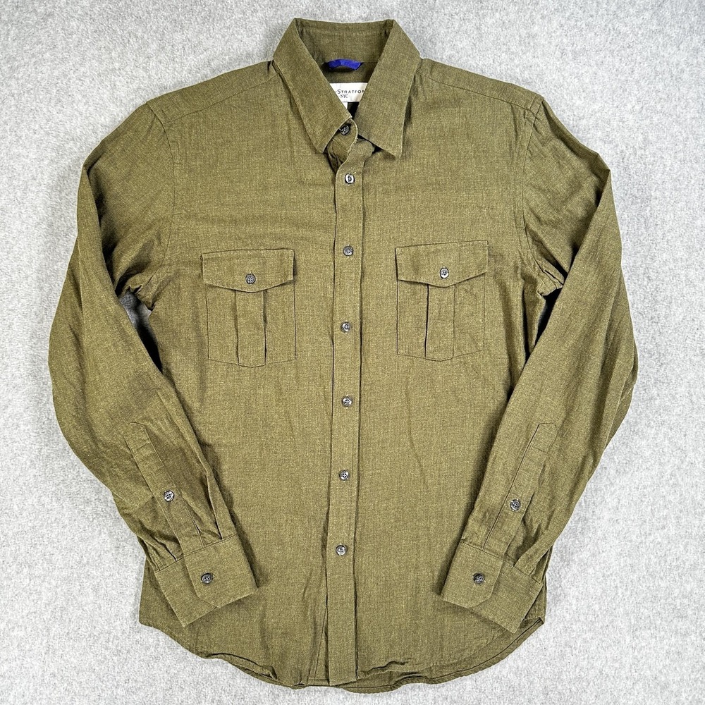 Teddy Stratford Shirt Mens Small Olive Green Cotton Button Front Hidden Zip